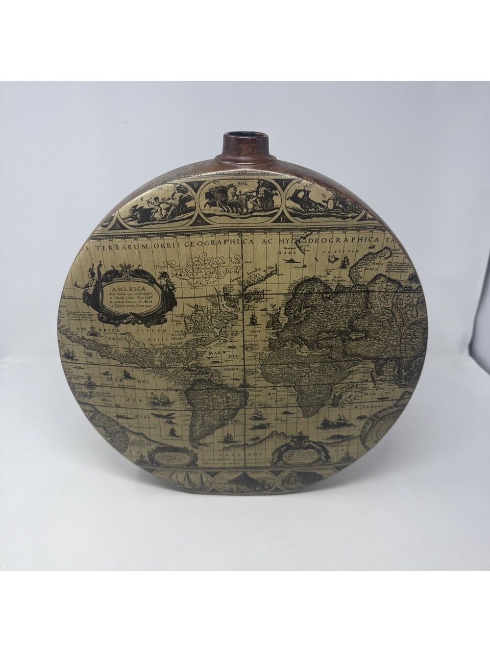 World Map Round Glass Decanter Large Brown Collectible